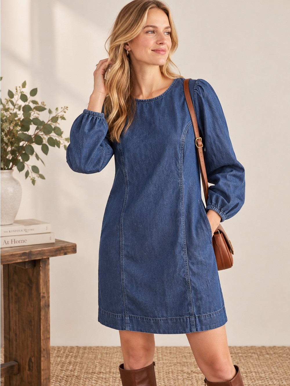 Boden Denim Blouson Sleeve Shift Dress Blue Size 8R